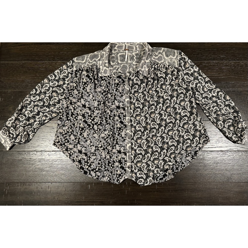 Free People Womens Shirt Button Up Black Mixed Print Sheer Blouse Top Size XS